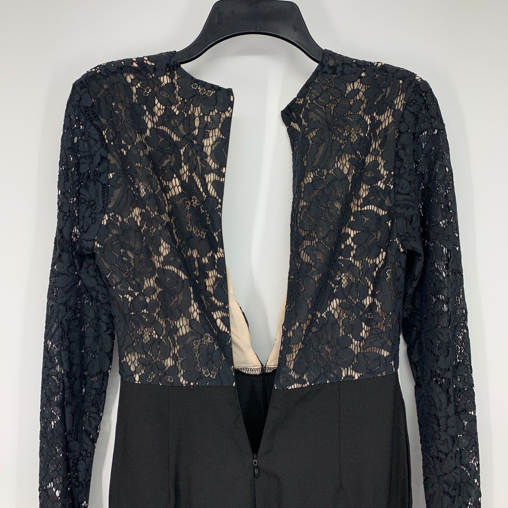 Missguided Jumpsuit Womens Size 2 Black Lace Plunge V Neck Long Sleeve Straight - Picture 9 of 13